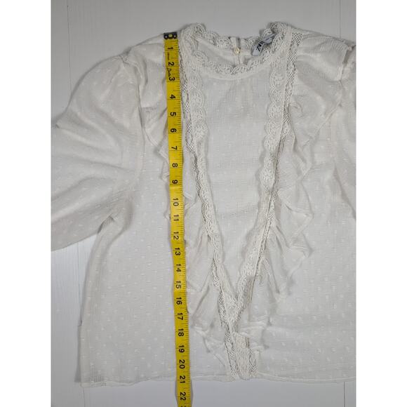 Zara Women’s M White Sheer Polka Dot Lace Ruffle Long Sleeve Blouse Boho Cottage - Picture 9 of 11